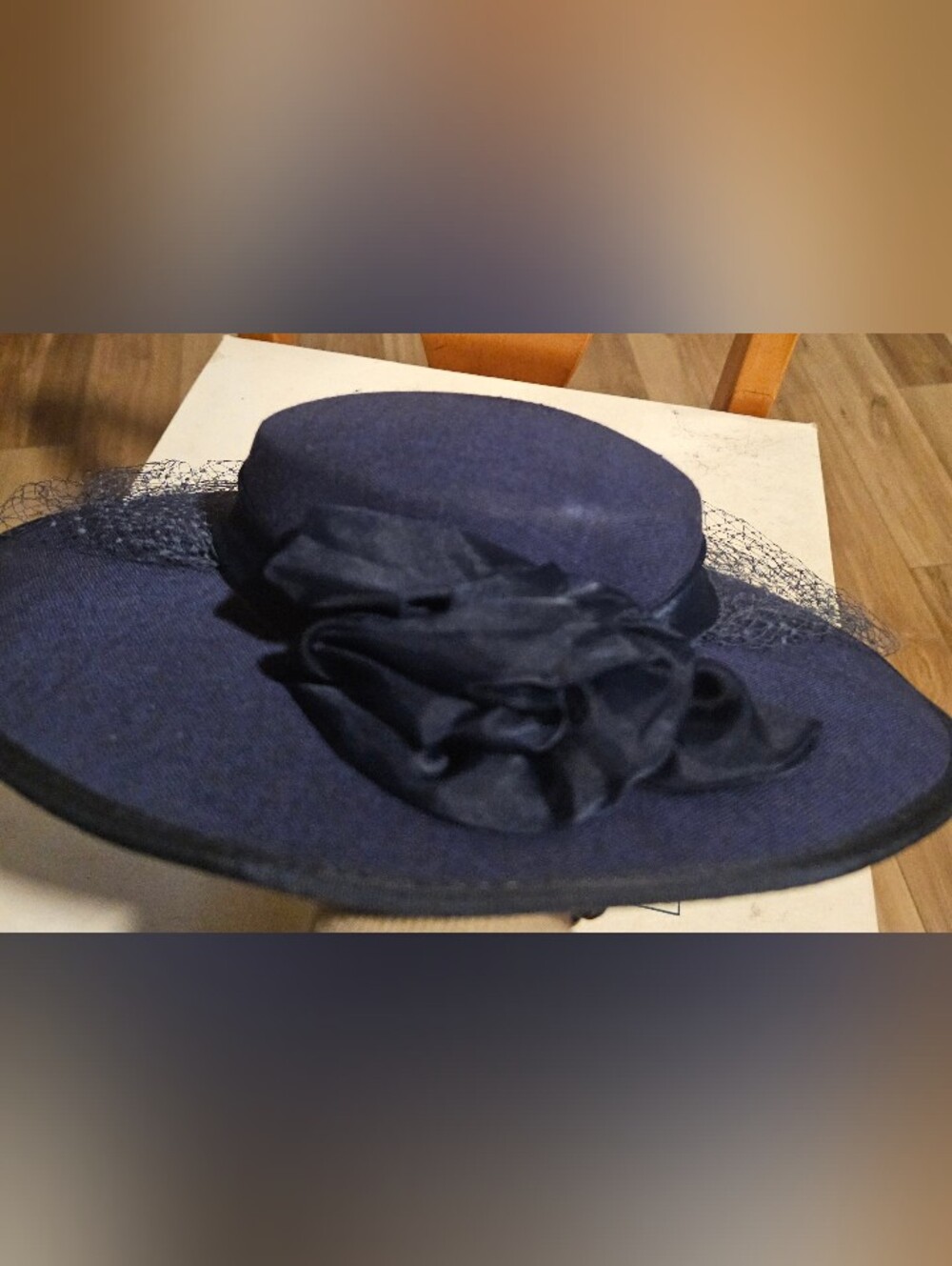 Elegant Navy Wide-Brim Women's Hat with Decorative Bow